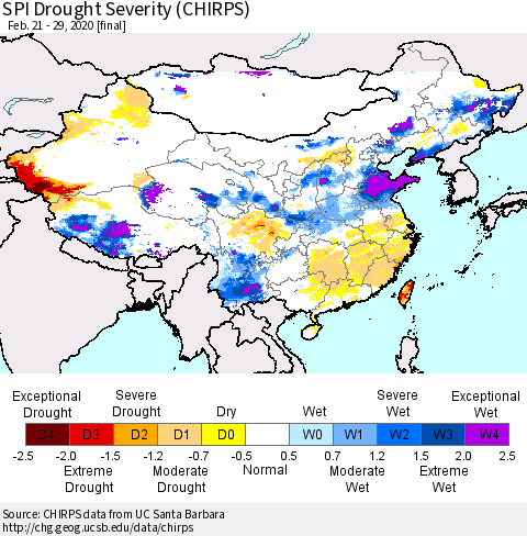China, Mongolia and Taiwan SPI Drought Severity (CHIRPS) Thematic Map For 2/21/2020 - 2/29/2020