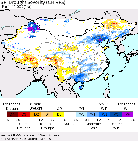 China, Mongolia and Taiwan SPI Drought Severity (CHIRPS) Thematic Map For 3/1/2020 - 3/10/2020