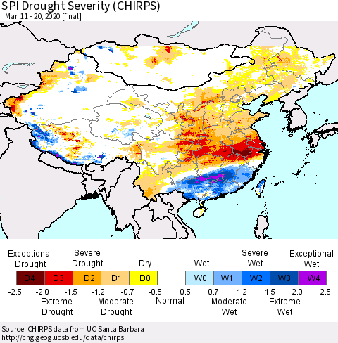 China, Mongolia and Taiwan SPI Drought Severity (CHIRPS) Thematic Map For 3/11/2020 - 3/20/2020