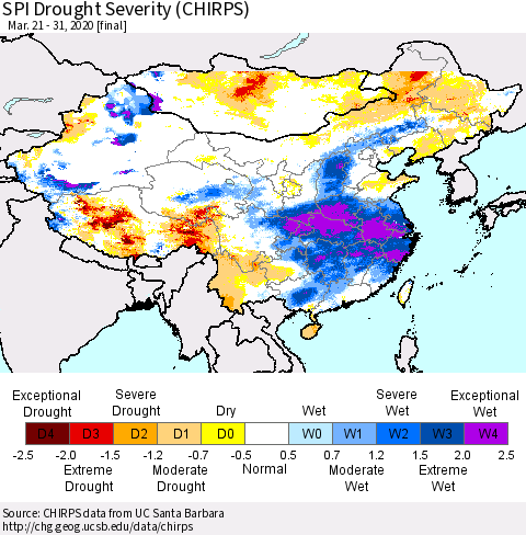 China, Mongolia and Taiwan SPI Drought Severity (CHIRPS) Thematic Map For 3/21/2020 - 3/31/2020