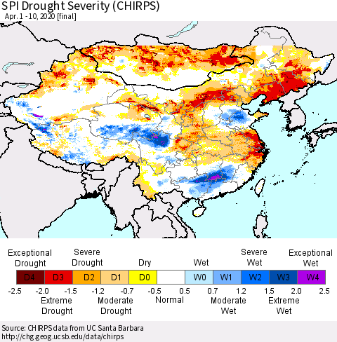 China, Mongolia and Taiwan SPI Drought Severity (CHIRPS) Thematic Map For 4/1/2020 - 4/10/2020
