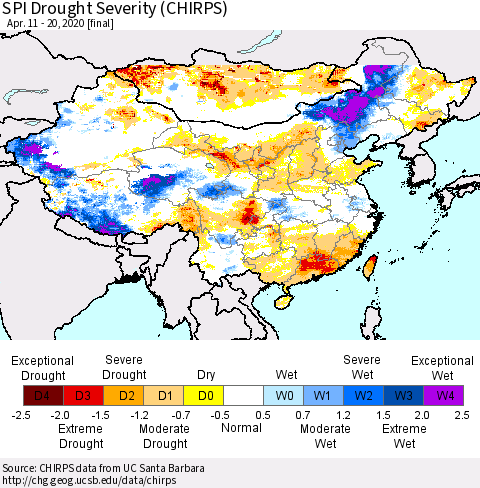 China, Mongolia and Taiwan SPI Drought Severity (CHIRPS) Thematic Map For 4/11/2020 - 4/20/2020