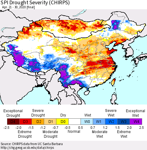 China, Mongolia and Taiwan SPI Drought Severity (CHIRPS) Thematic Map For 4/21/2020 - 4/30/2020