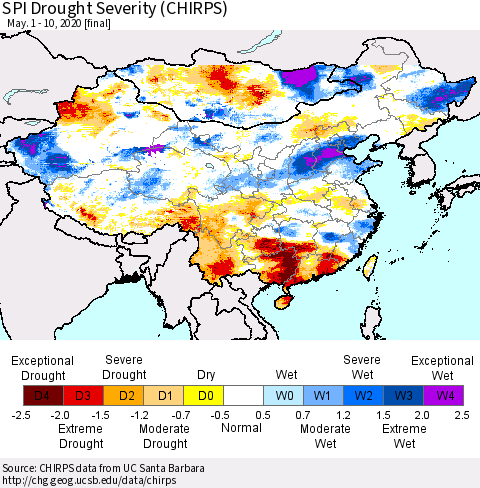 China, Mongolia and Taiwan SPI Drought Severity (CHIRPS) Thematic Map For 5/1/2020 - 5/10/2020