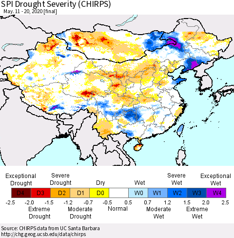 China, Mongolia and Taiwan SPI Drought Severity (CHIRPS) Thematic Map For 5/11/2020 - 5/20/2020