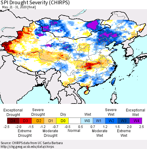 China, Mongolia and Taiwan SPI Drought Severity (CHIRPS) Thematic Map For 5/21/2020 - 5/31/2020