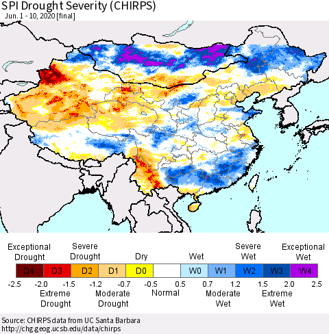 China, Mongolia and Taiwan SPI Drought Severity (CHIRPS) Thematic Map For 6/1/2020 - 6/10/2020