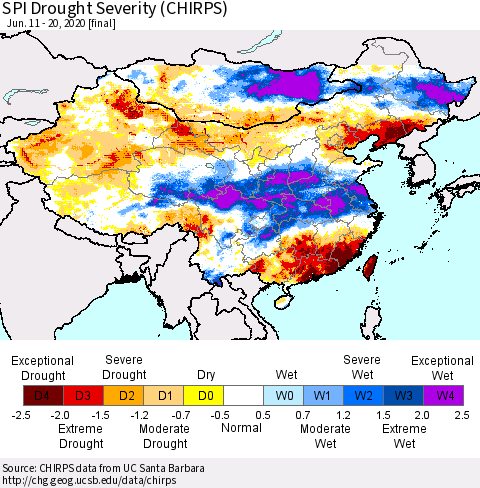 China, Mongolia and Taiwan SPI Drought Severity (CHIRPS) Thematic Map For 6/11/2020 - 6/20/2020