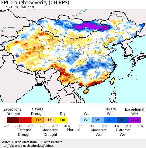 China, Mongolia and Taiwan SPI Drought Severity (CHIRPS) Thematic Map For 6/21/2020 - 6/30/2020