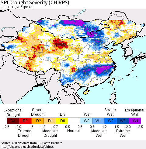 China, Mongolia and Taiwan SPI Drought Severity (CHIRPS) Thematic Map For 7/1/2020 - 7/10/2020