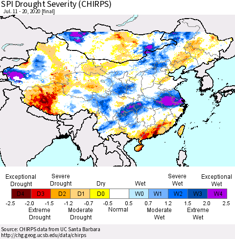 China, Mongolia and Taiwan SPI Drought Severity (CHIRPS) Thematic Map For 7/11/2020 - 7/20/2020