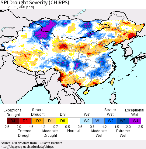 China, Mongolia and Taiwan SPI Drought Severity (CHIRPS) Thematic Map For 7/21/2020 - 7/31/2020