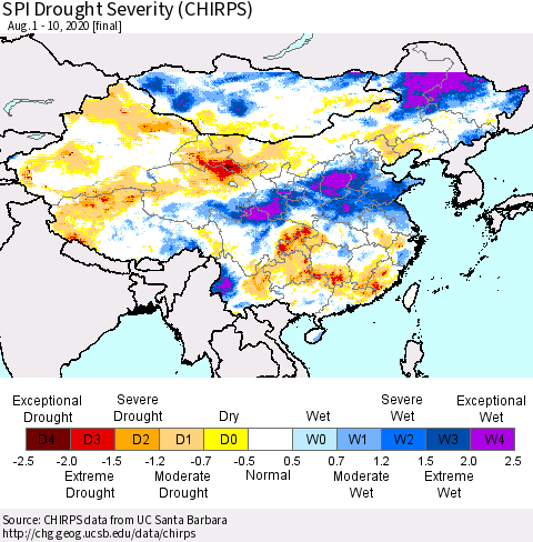 China, Mongolia and Taiwan SPI Drought Severity (CHIRPS) Thematic Map For 8/1/2020 - 8/10/2020