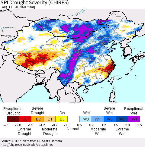 China, Mongolia and Taiwan SPI Drought Severity (CHIRPS) Thematic Map For 8/11/2020 - 8/20/2020