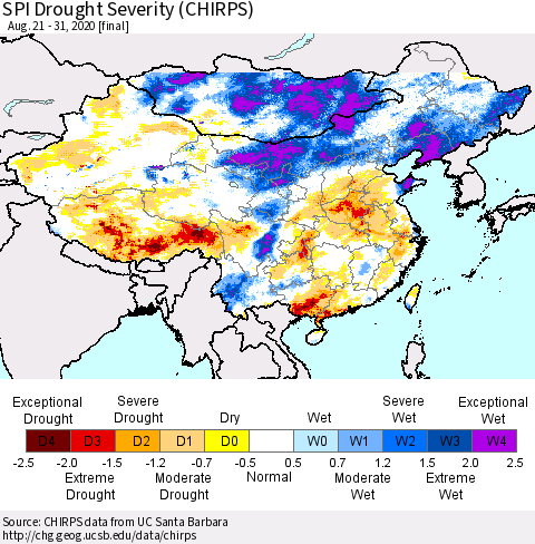 China, Mongolia and Taiwan SPI Drought Severity (CHIRPS) Thematic Map For 8/21/2020 - 8/31/2020