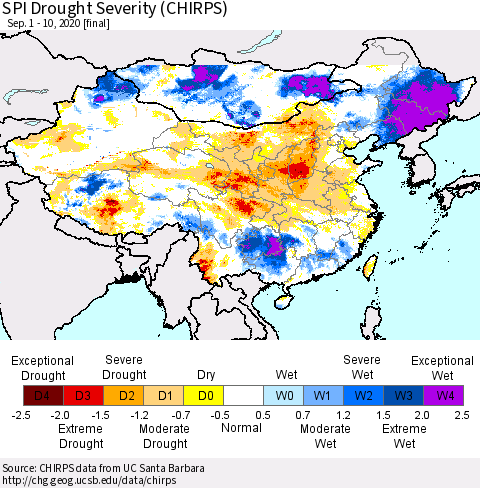 China, Mongolia and Taiwan SPI Drought Severity (CHIRPS) Thematic Map For 9/1/2020 - 9/10/2020
