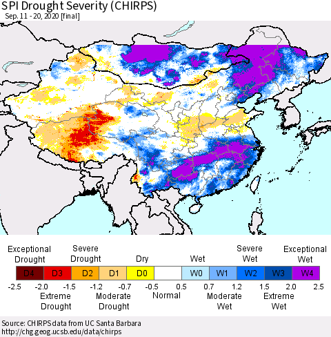 China, Mongolia and Taiwan SPI Drought Severity (CHIRPS) Thematic Map For 9/11/2020 - 9/20/2020