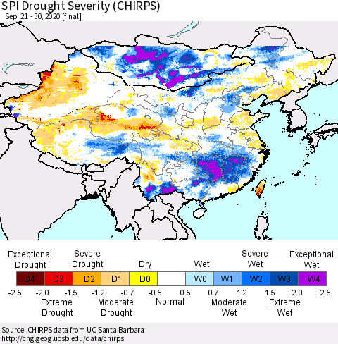 China, Mongolia and Taiwan SPI Drought Severity (CHIRPS) Thematic Map For 9/21/2020 - 9/30/2020