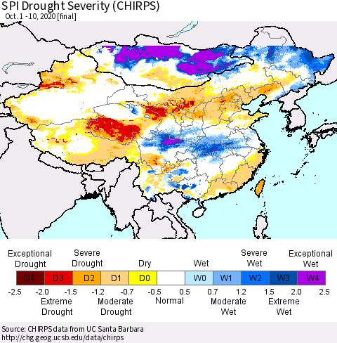 China, Mongolia and Taiwan SPI Drought Severity (CHIRPS) Thematic Map For 10/1/2020 - 10/10/2020