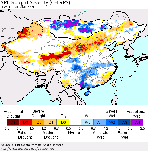 China, Mongolia and Taiwan SPI Drought Severity (CHIRPS) Thematic Map For 10/11/2020 - 10/20/2020