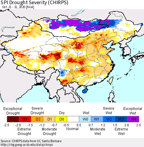 China, Mongolia and Taiwan SPI Drought Severity (CHIRPS) Thematic Map For 10/21/2020 - 10/31/2020