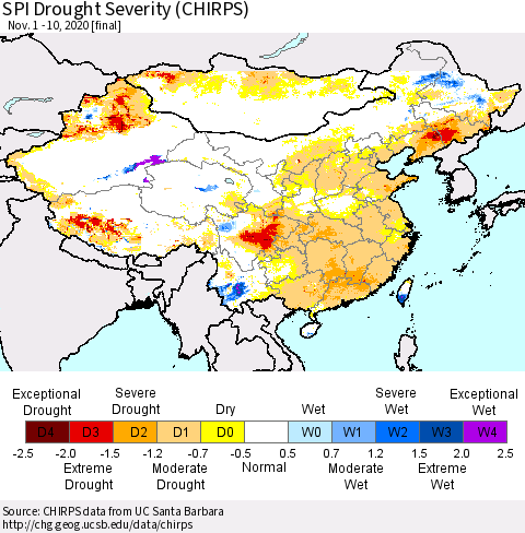 China, Mongolia and Taiwan SPI Drought Severity (CHIRPS) Thematic Map For 11/1/2020 - 11/10/2020