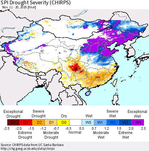 China, Mongolia and Taiwan SPI Drought Severity (CHIRPS) Thematic Map For 11/11/2020 - 11/20/2020