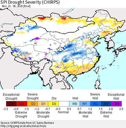 China, Mongolia and Taiwan SPI Drought Severity (CHIRPS) Thematic Map For 11/21/2020 - 11/30/2020