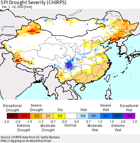 China, Mongolia and Taiwan SPI Drought Severity (CHIRPS) Thematic Map For 12/1/2020 - 12/10/2020