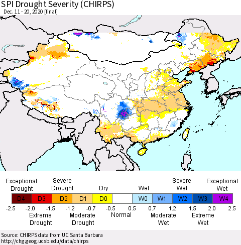 China, Mongolia and Taiwan SPI Drought Severity (CHIRPS) Thematic Map For 12/11/2020 - 12/20/2020