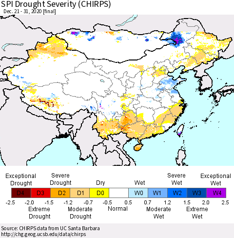 China, Mongolia and Taiwan SPI Drought Severity (CHIRPS) Thematic Map For 12/21/2020 - 12/31/2020