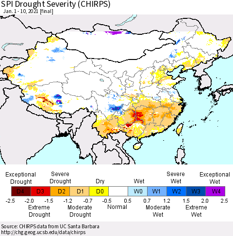 China, Mongolia and Taiwan SPI Drought Severity (CHIRPS) Thematic Map For 1/1/2021 - 1/10/2021