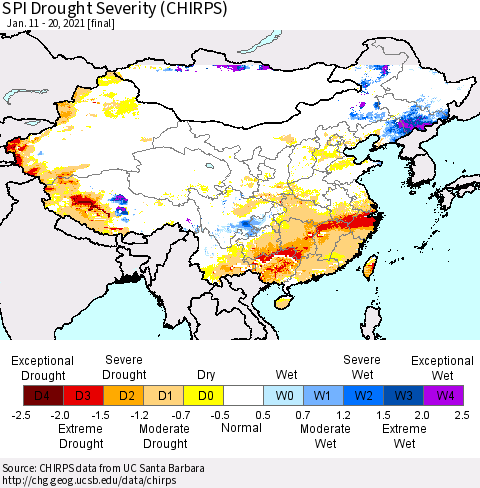 China, Mongolia and Taiwan SPI Drought Severity (CHIRPS) Thematic Map For 1/11/2021 - 1/20/2021