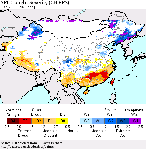 China, Mongolia and Taiwan SPI Drought Severity (CHIRPS) Thematic Map For 1/21/2021 - 1/31/2021