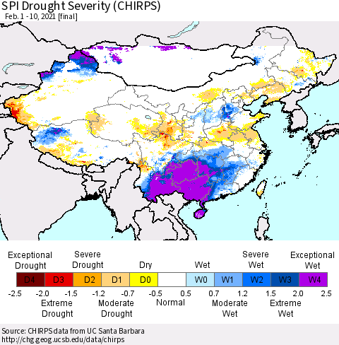 China, Mongolia and Taiwan SPI Drought Severity (CHIRPS) Thematic Map For 2/1/2021 - 2/10/2021