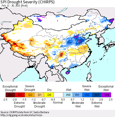 China, Mongolia and Taiwan SPI Drought Severity (CHIRPS) Thematic Map For 2/11/2021 - 2/20/2021