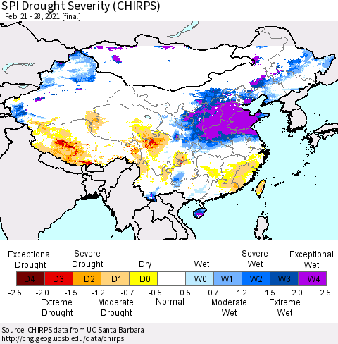 China, Mongolia and Taiwan SPI Drought Severity (CHIRPS) Thematic Map For 2/21/2021 - 2/28/2021
