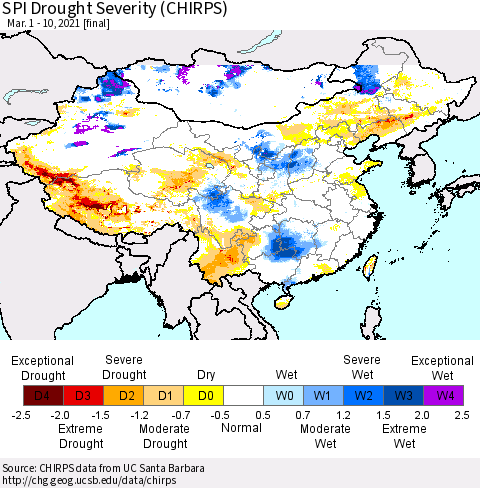 China, Mongolia and Taiwan SPI Drought Severity (CHIRPS) Thematic Map For 3/1/2021 - 3/10/2021