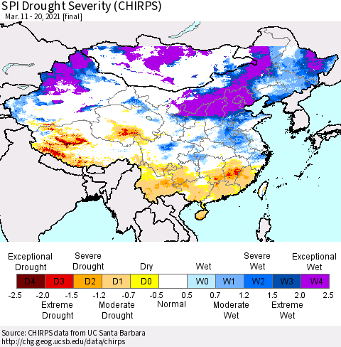 China, Mongolia and Taiwan SPI Drought Severity (CHIRPS) Thematic Map For 3/11/2021 - 3/20/2021