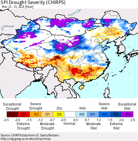 China, Mongolia and Taiwan SPI Drought Severity (CHIRPS) Thematic Map For 3/21/2021 - 3/31/2021