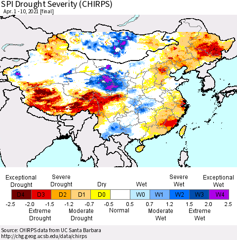 China, Mongolia and Taiwan SPI Drought Severity (CHIRPS) Thematic Map For 4/1/2021 - 4/10/2021