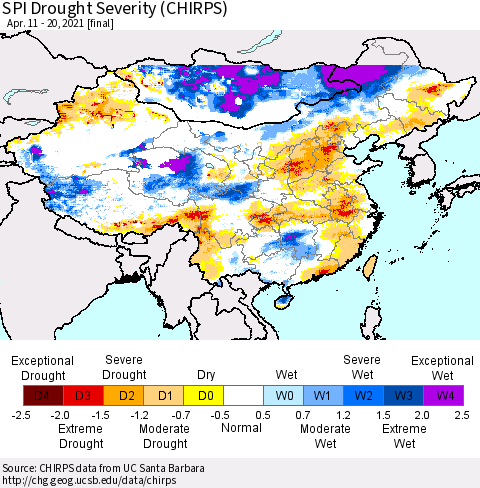 China, Mongolia and Taiwan SPI Drought Severity (CHIRPS) Thematic Map For 4/11/2021 - 4/20/2021