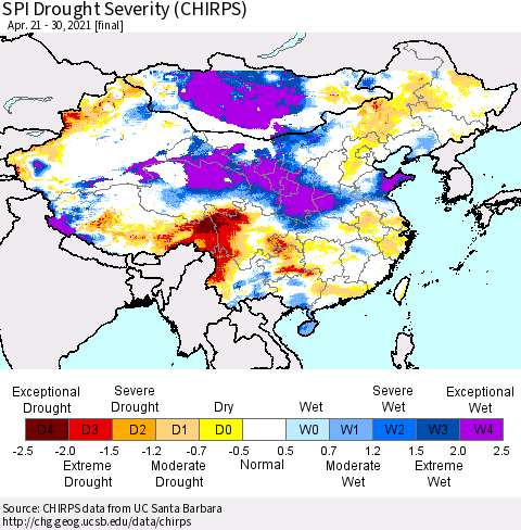 China, Mongolia and Taiwan SPI Drought Severity (CHIRPS) Thematic Map For 4/21/2021 - 4/30/2021