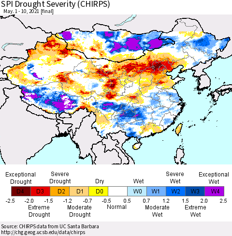 China, Mongolia and Taiwan SPI Drought Severity (CHIRPS) Thematic Map For 5/1/2021 - 5/10/2021
