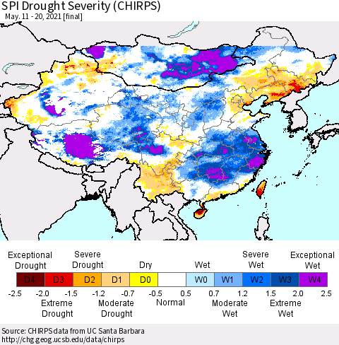 China, Mongolia and Taiwan SPI Drought Severity (CHIRPS) Thematic Map For 5/11/2021 - 5/20/2021