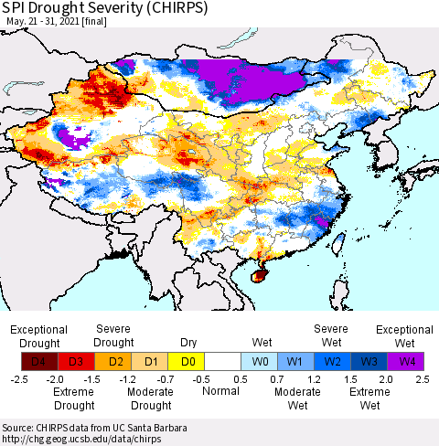China, Mongolia and Taiwan SPI Drought Severity (CHIRPS) Thematic Map For 5/21/2021 - 5/31/2021
