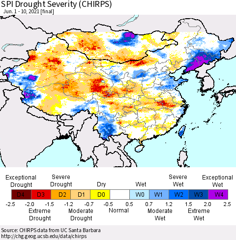 China, Mongolia and Taiwan SPI Drought Severity (CHIRPS) Thematic Map For 6/1/2021 - 6/10/2021