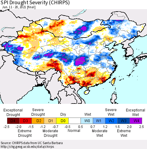 China, Mongolia and Taiwan SPI Drought Severity (CHIRPS) Thematic Map For 6/11/2021 - 6/20/2021