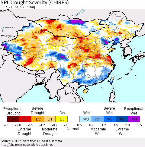 China, Mongolia and Taiwan SPI Drought Severity (CHIRPS) Thematic Map For 6/21/2021 - 6/30/2021