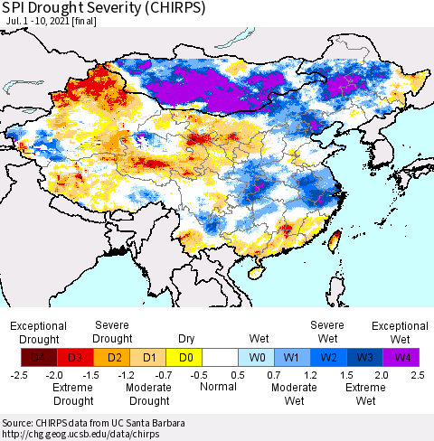 China, Mongolia and Taiwan SPI Drought Severity (CHIRPS) Thematic Map For 7/1/2021 - 7/10/2021